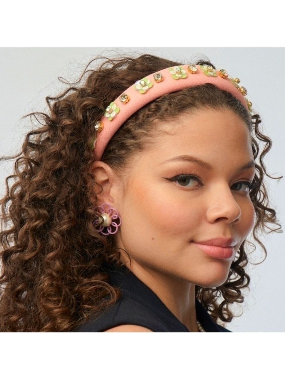 Lele Sadoughi Soft Coral Zinnia Crystal Paillette Alice Headband Authentic